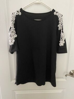 Black Tee with White Lace Shoulder Accents